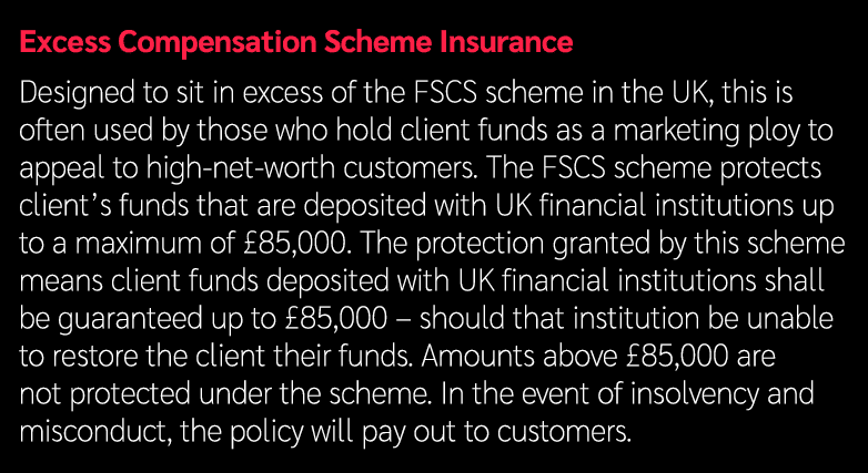 Excess Compensation Scheme Insurance Designed to sit in excess of the FSCS scheme in the UK, this is often used by th...